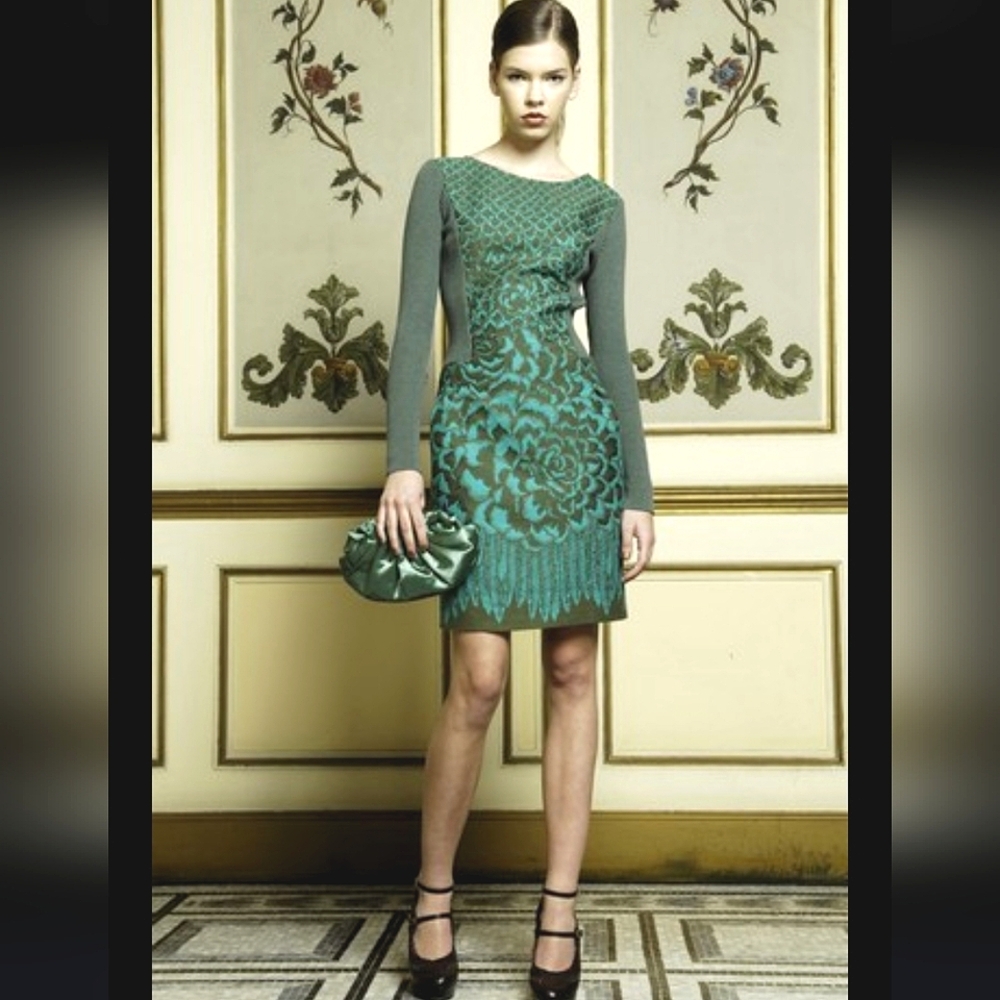Philosophy di Alberta Vintage Ferretti Blue/Emerald Jaquard Ribbed Wool LS Dress